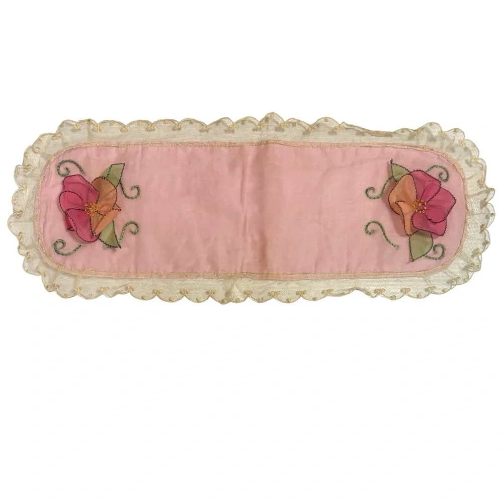 Vintage Embroidered Doily Hand Embroidery Hand Crafted Antique Lace Linen Floral
